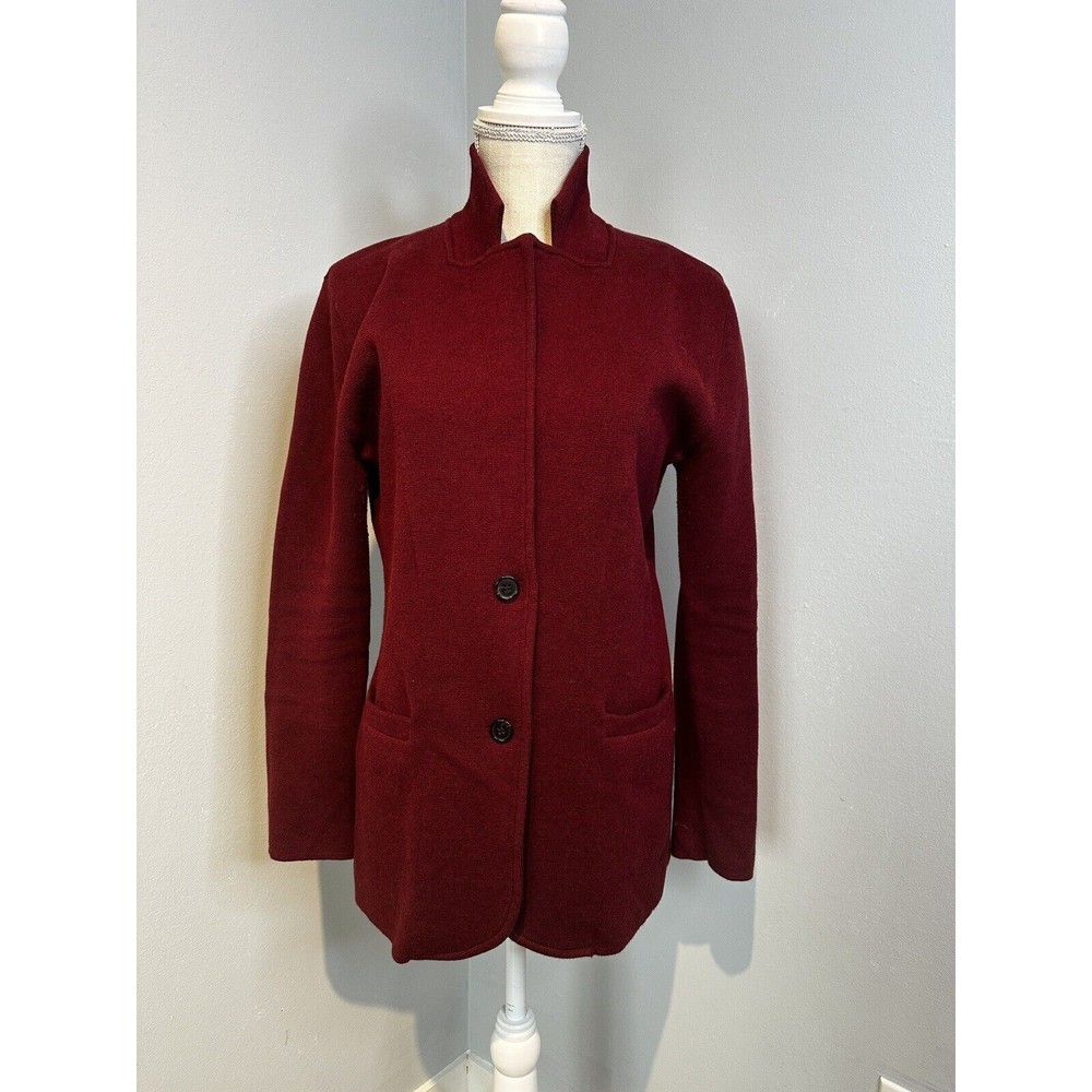J Crew Sweater Blazer Womens M Red Button Up Collared Pockets Knitwear